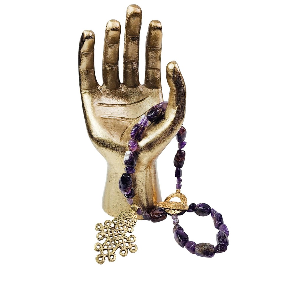 Artisan One-of-a-Kind Amethyst Beaded Celtic Cross Necklace Gold-tone Hardware